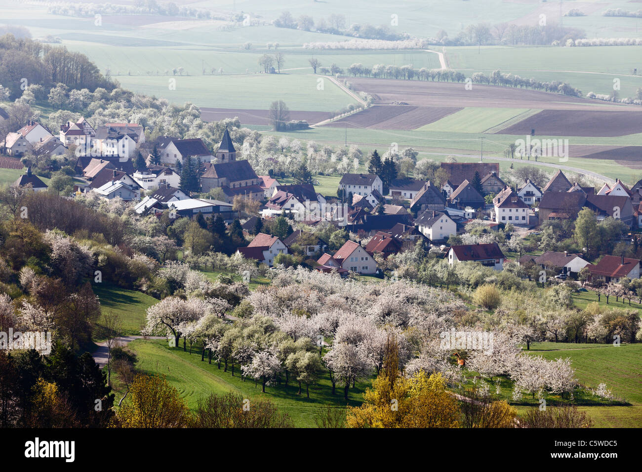 Germany, Bavaria, Franconia, Franconian Switzerland, Schlaifhausen, View of town with cherry trees Stock Photo
