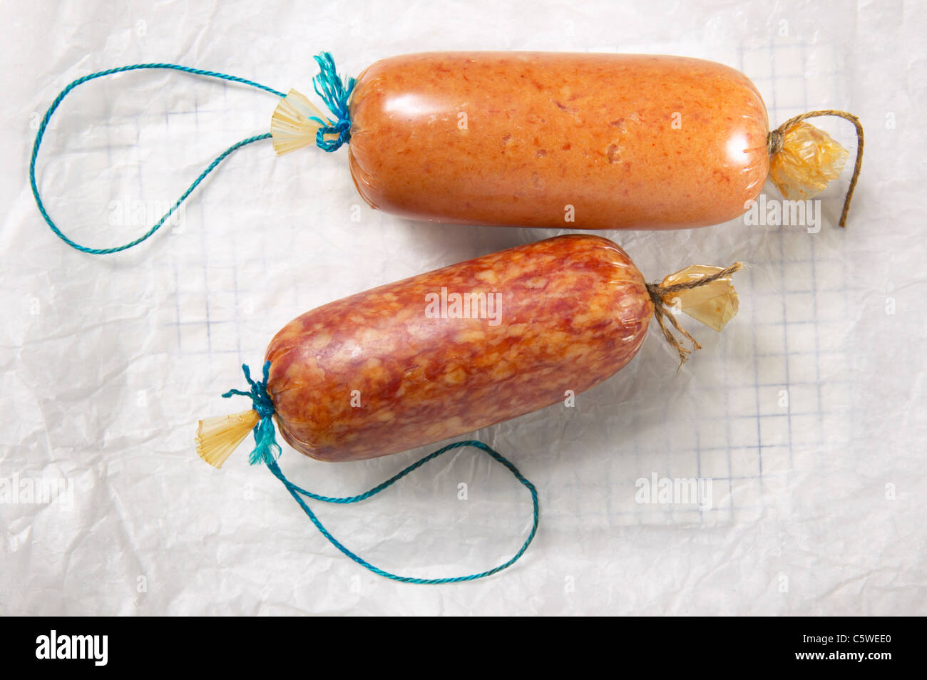Mettwurst sausages, elevated view Stock Photo