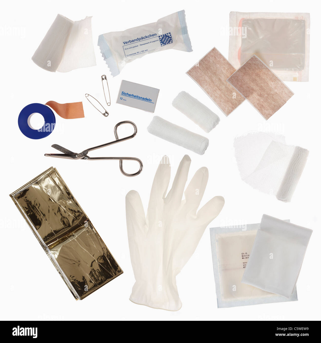 Contents of a first aid kit, elevated view Stock Photo