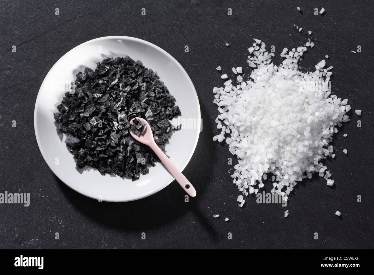 Black and white salt, elevated view Stock Photo