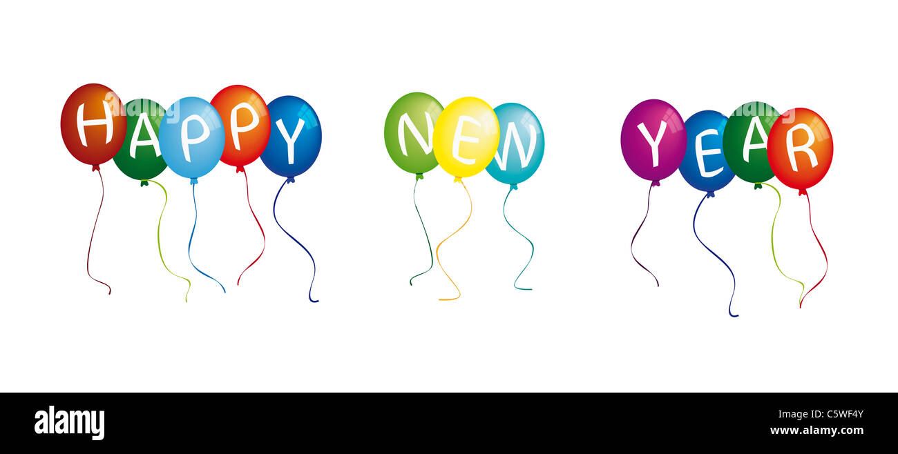 Happy new year on colourful balloons against white background Stock