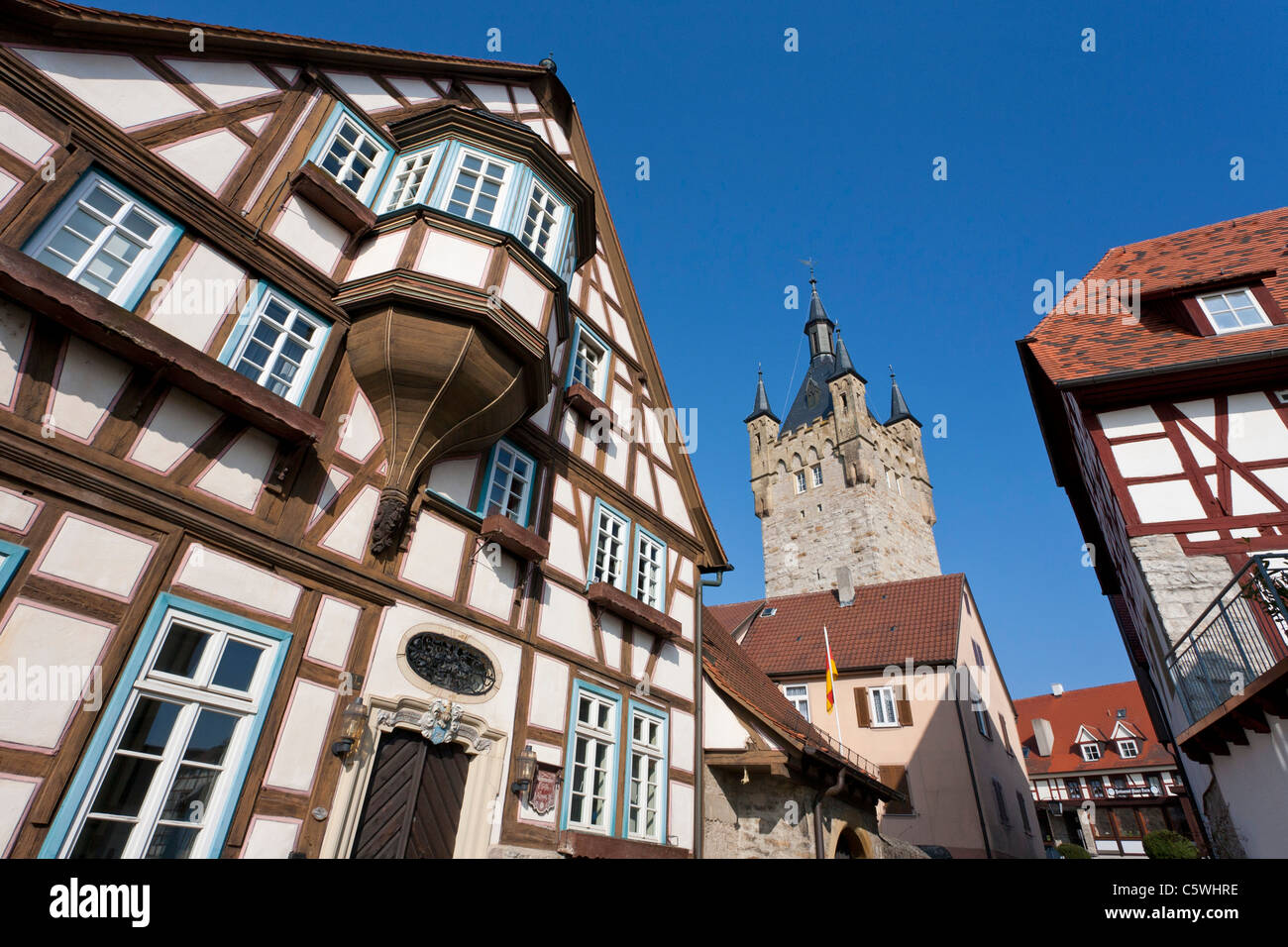 Germany Bad Wimpfen Historical mayor Elsaesser building Blauer Turm building and frame houses in historic old town Stock Photo