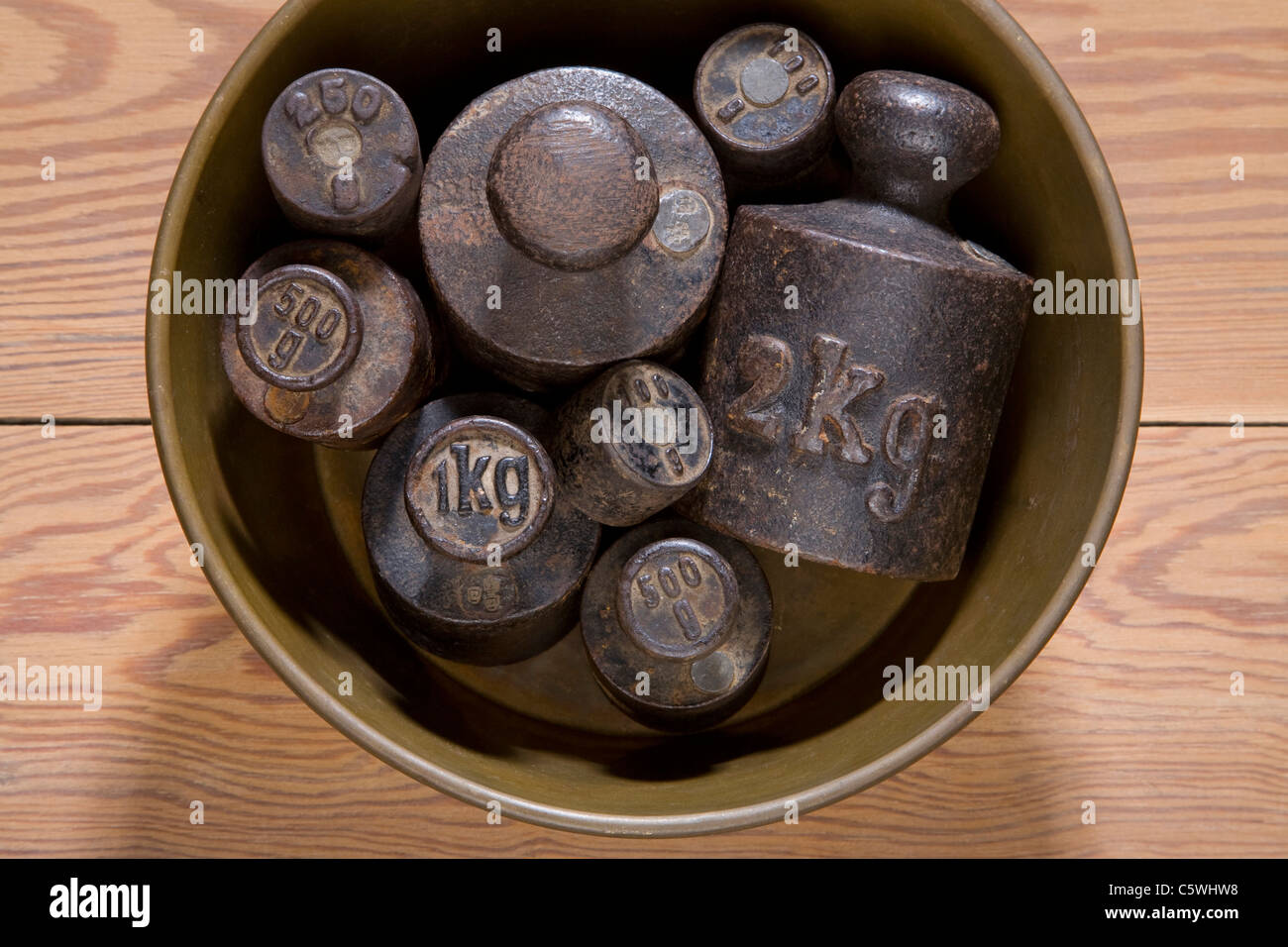 Different iron scale weights , elevated view Stock Photo