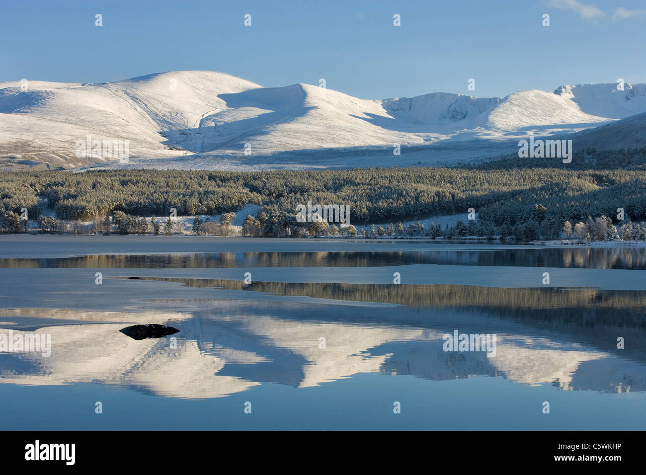 Loch Morlich and Cairngorm Mountains in winter, Cairngorms National Park, Scotland, Great Britain. Stock Photo