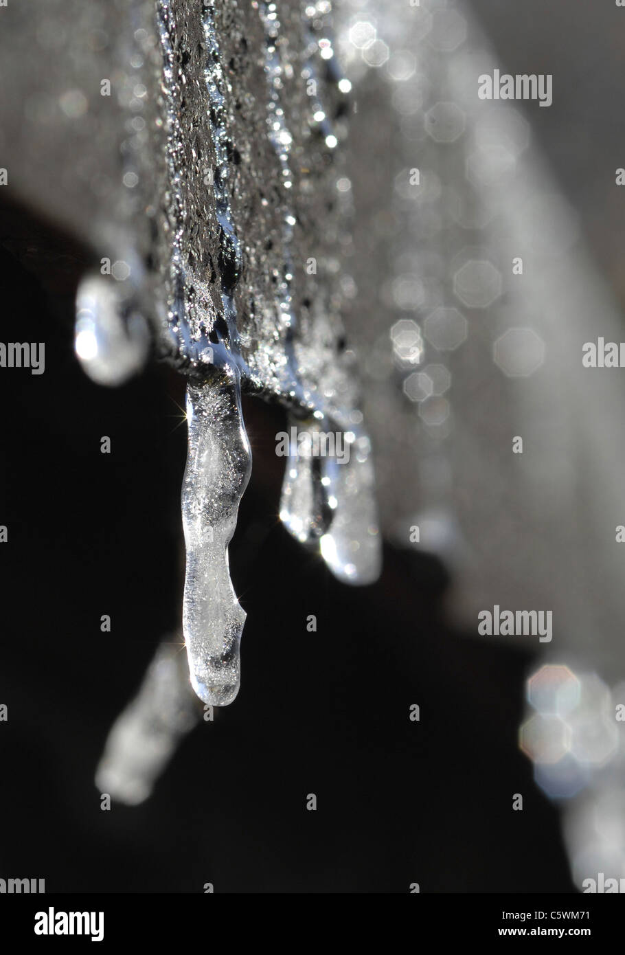 Icicles hanging from gutter in lovely winter light. Macro shot. Stock Photo
