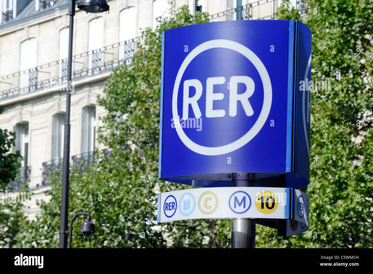 RER sign at an entrance to the rapid express rail system in Paris. Stock Photo