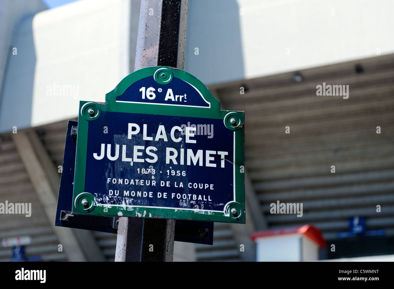 Sign for the Place Jules Rimet, by the Parc Des Princes,home of Paris Saint Germain football club. Stock Photo
