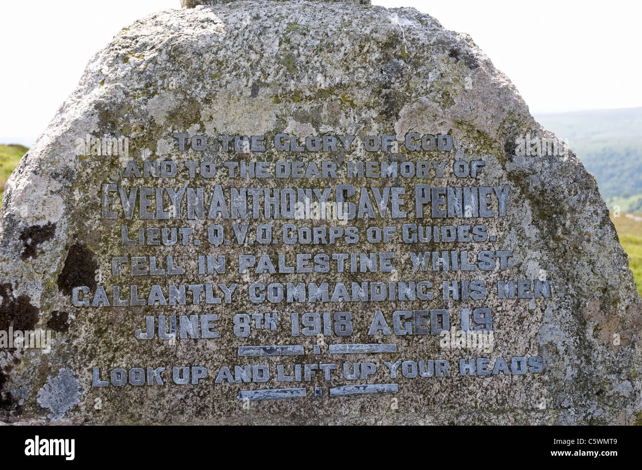 Memorial to Evelyn Anthony Cave Penney on the edge of Corndon Down, central Dartmoor Stock Photo