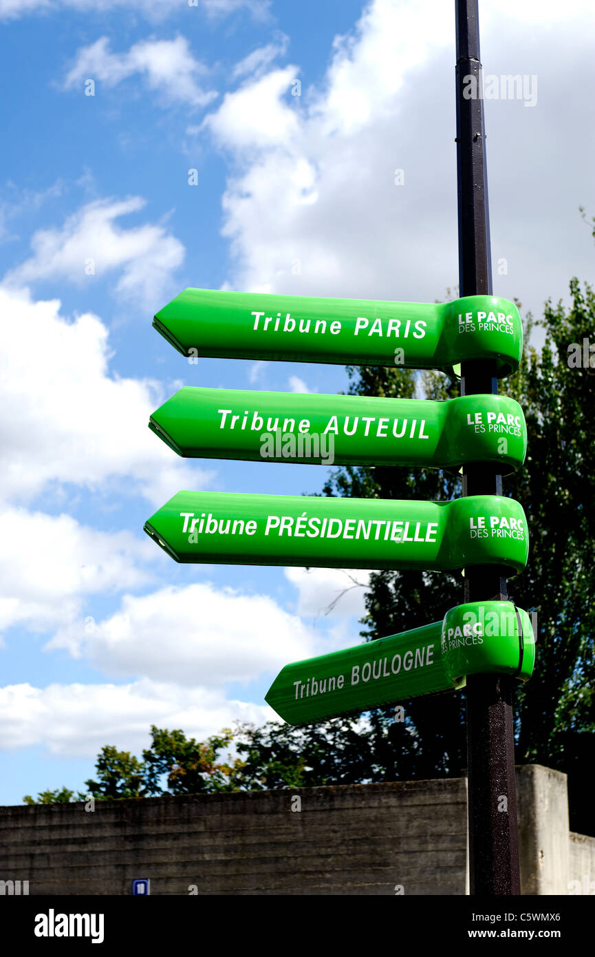 Directions given by Paris St Germain club stadium Parc Des Princes in Paris, France. Stock Photo