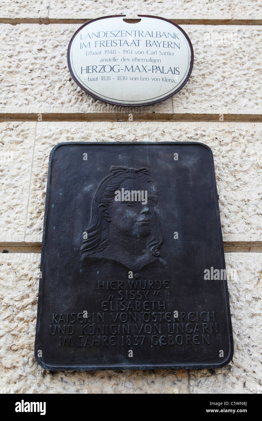 A plaque marks the birthplace of Sissy, the Empress of Austria and Queen Consort of Hungary in Munich, Bavaria, Germany. Stock Photo