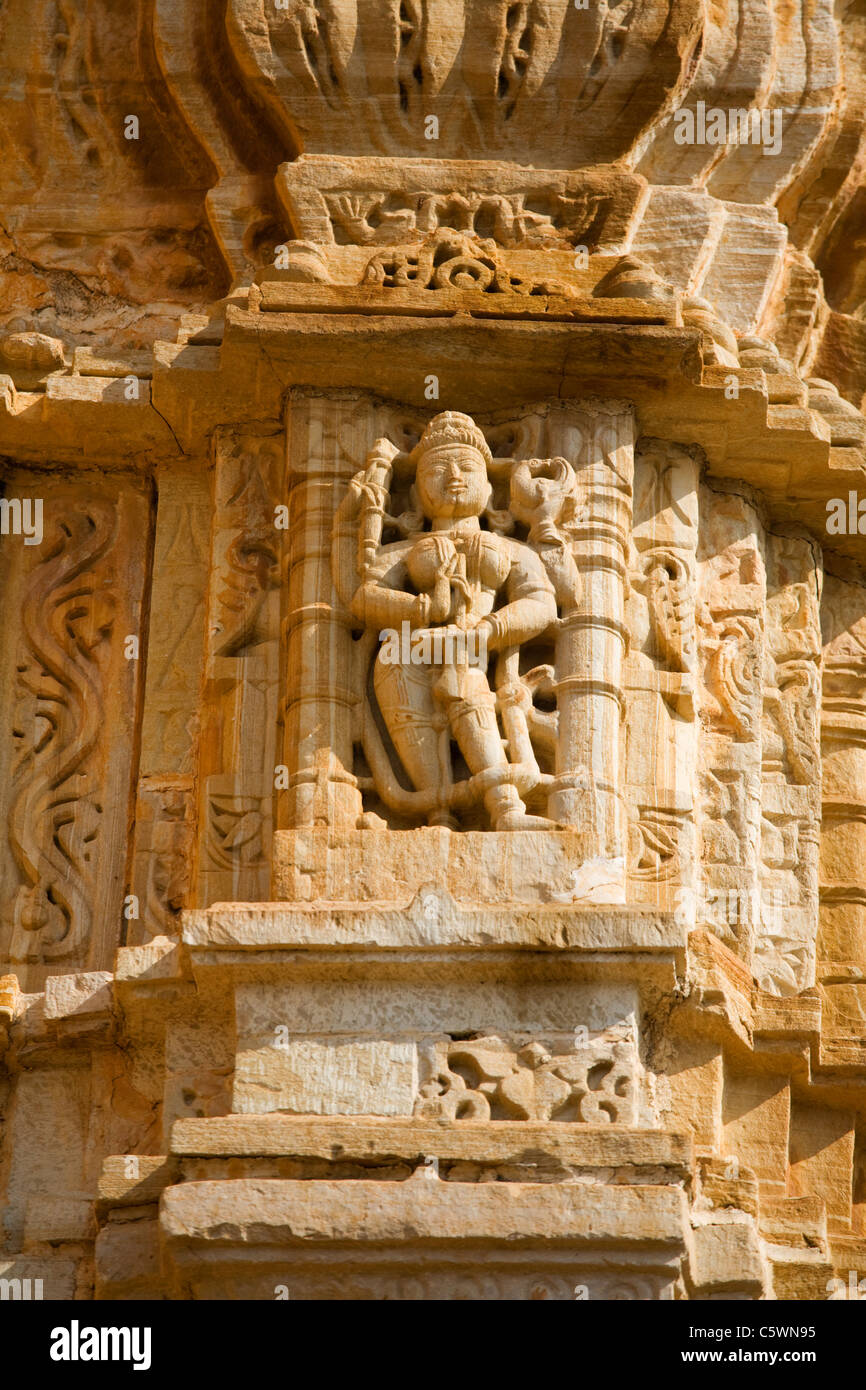 Sculpture on the Tower of Victory (Vijay Stambha) at Chittorgarh Fort, Rajasthan, India Stock Photo