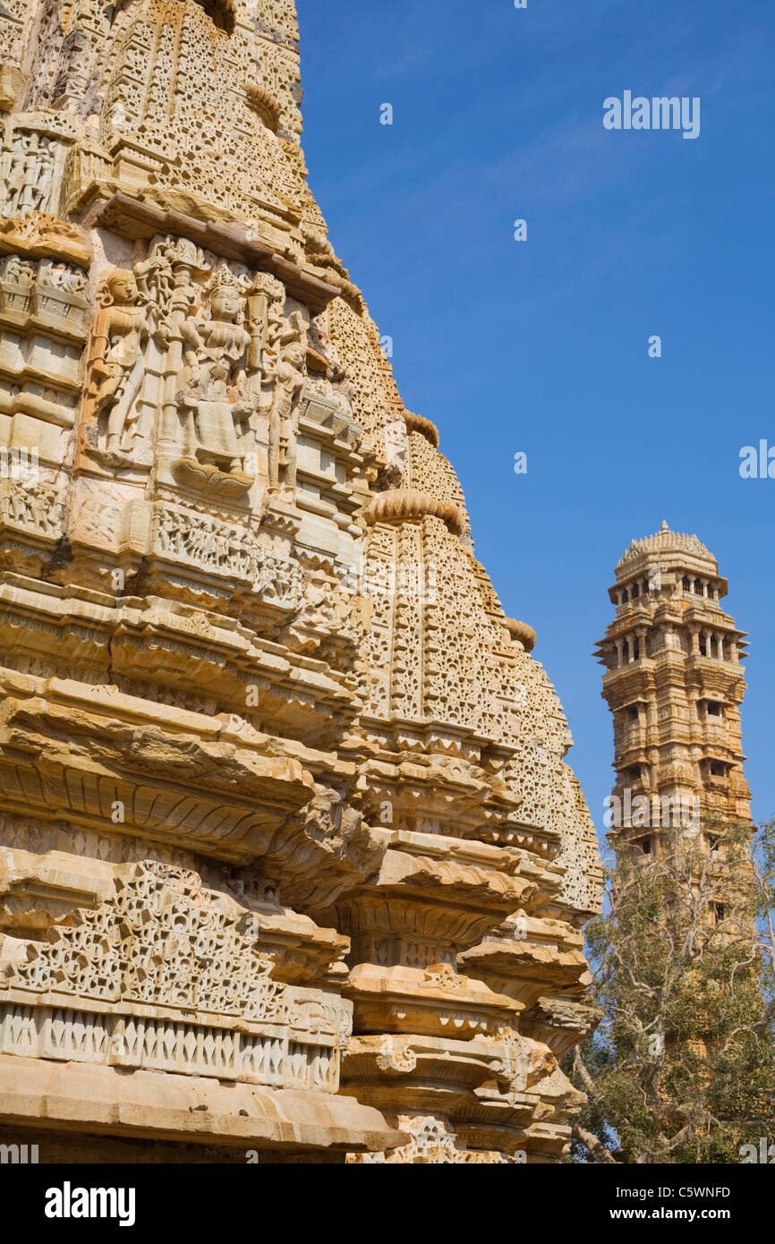 Meera (Samadhisuara) Temple and the Tower of Victory, Chittorgarh Fort, Rajasthan, India Stock Photo