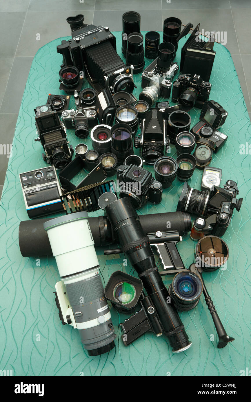 photo industry, photo equipment, analogue cameras, lenses, photo accessories Stock Photo