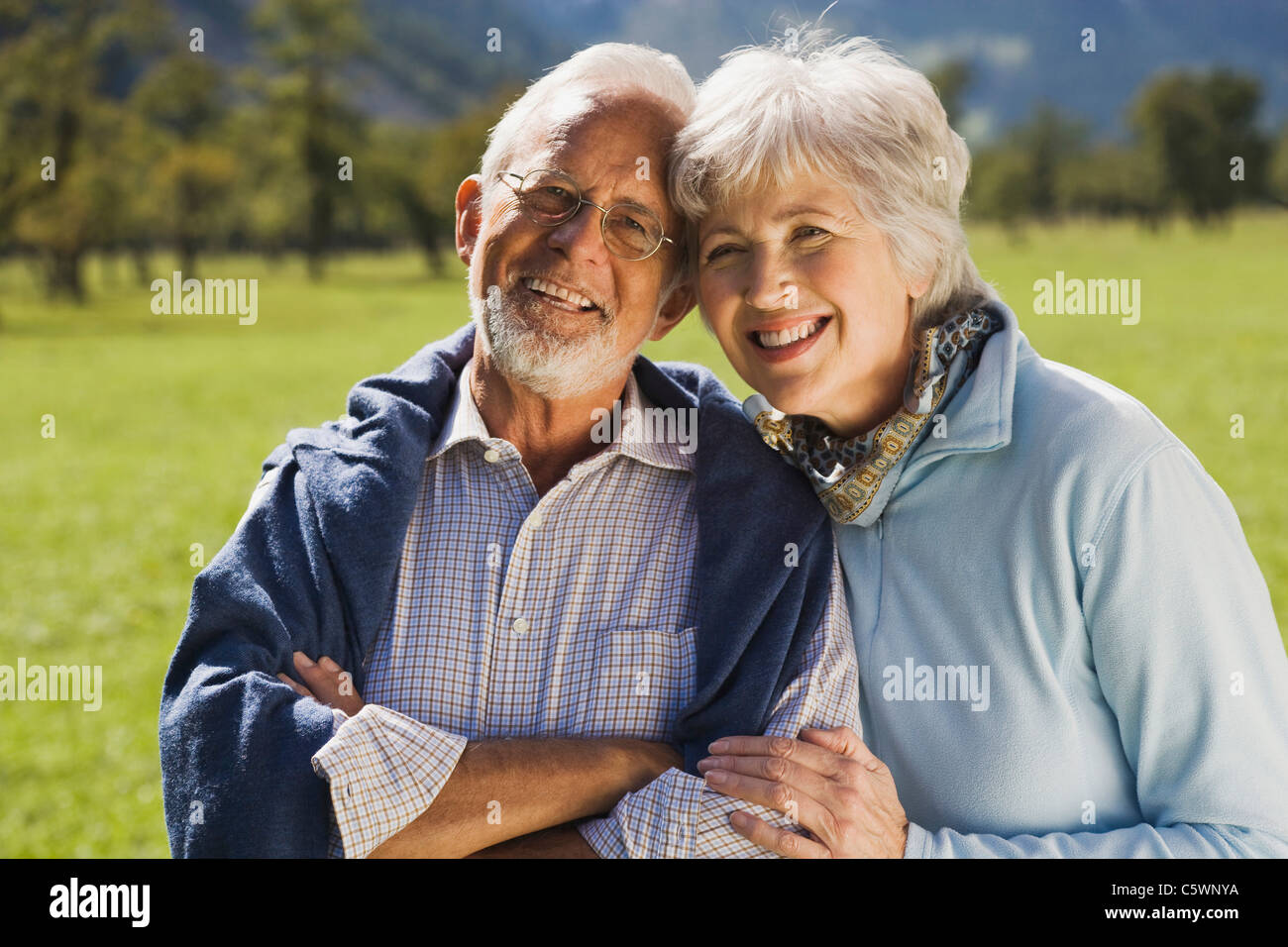 Austria, Karwendel, Ahornboden, Senior couple, smiling, portrait Stock Photo