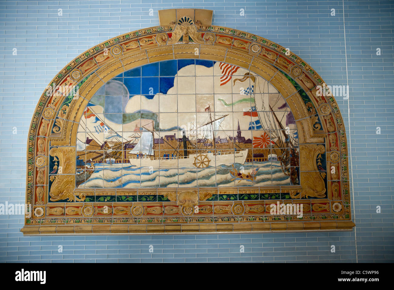 A terra-cotta mural decorates the new subway entrance on 135 William Street, for the Fulton Street Transit Center in New York Stock Photo