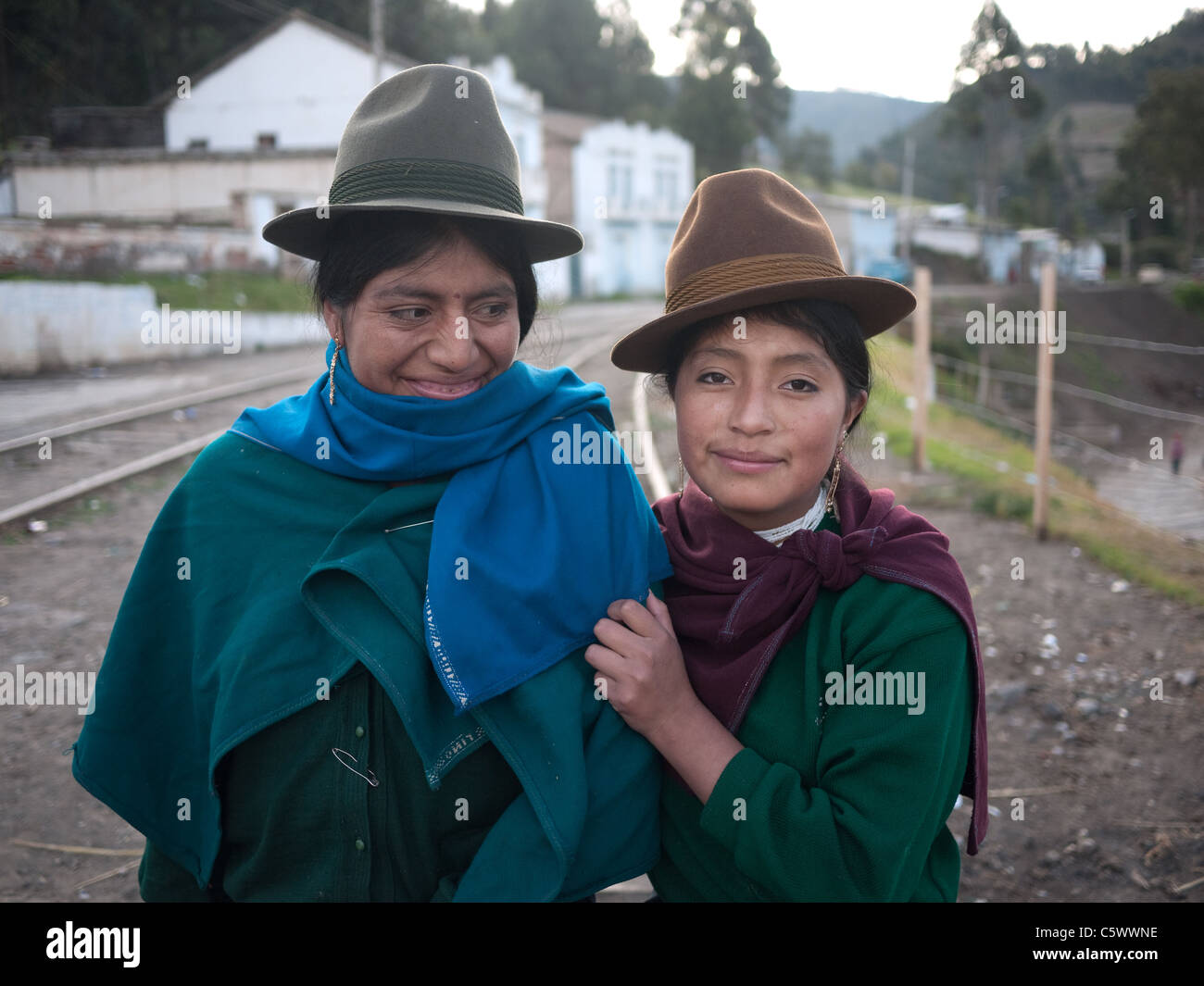 Indigenous Quechua sisters in the highland mountain town of Guamote, Ecuador. Stock Photo