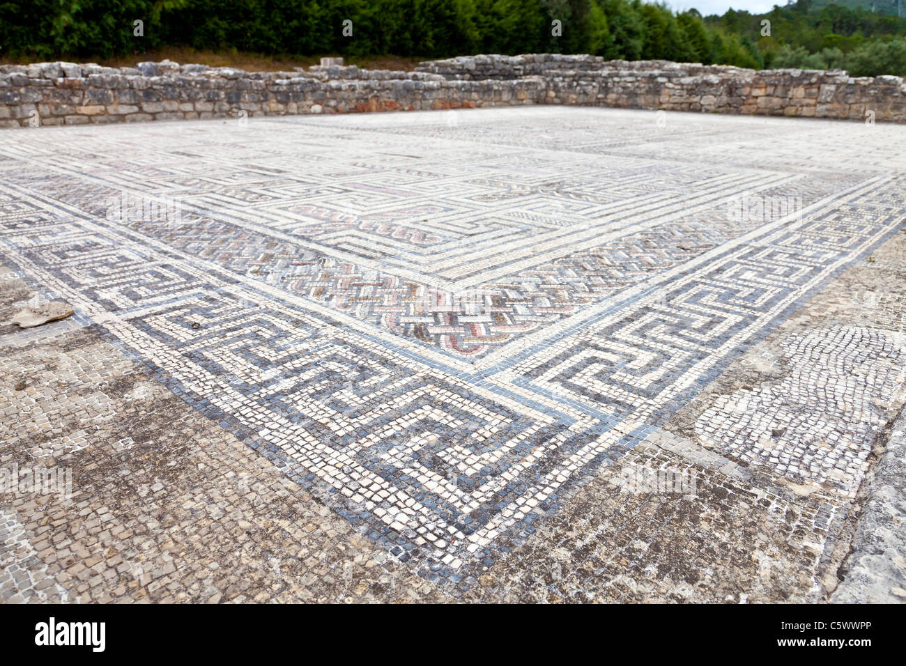 Swastika Mosaics in the House of the Swastika Villa in Conimbriga, the best preserved Roman city ruins in Portugal. Stock Photo