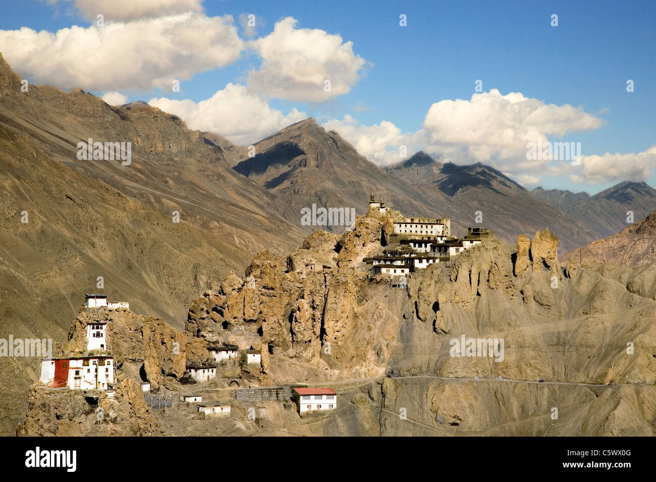 View of Dhankar village (3890m), monastery and fort. Spiti valley, Himachal Pradesh. India, Asia. Stock Photo