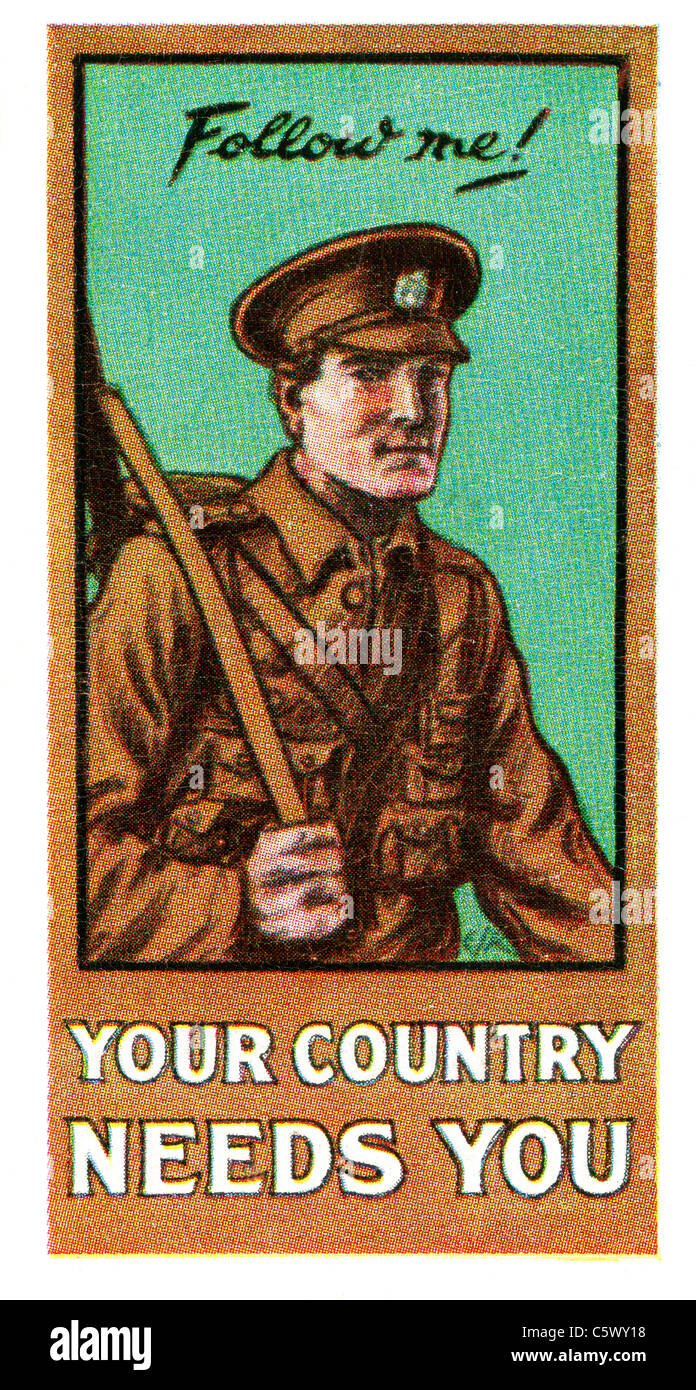 World War One Recruiting Poster - 'Follow me! Your country needs you' - soldier in uniform with rifle. DEL52 Stock Photo