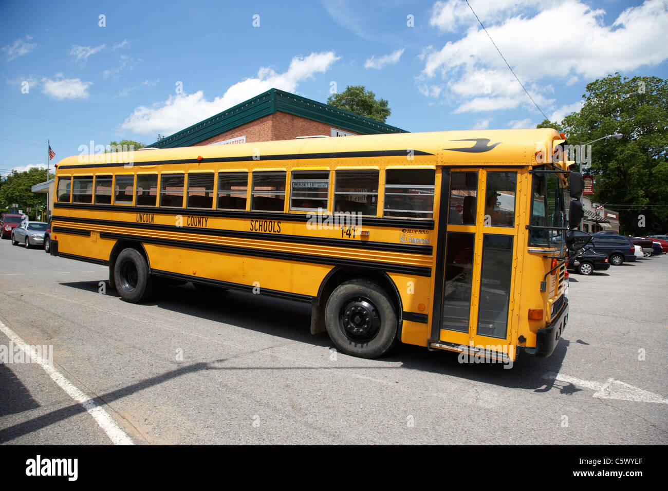 yellow american bluebird school bus in Lynchburg , tennessee , usa