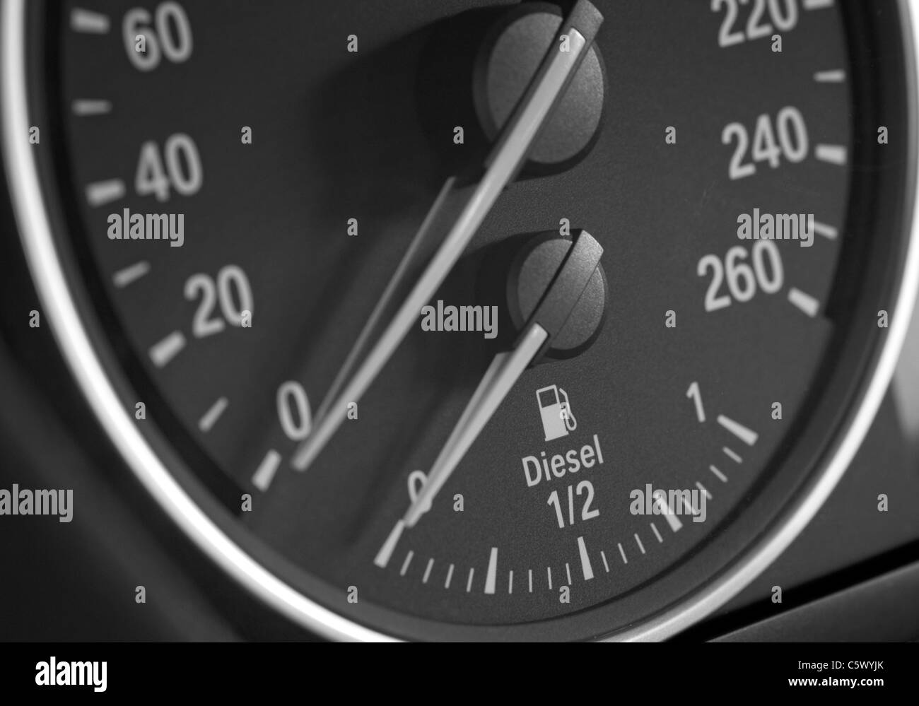 Close up of a car speedometer and diesel level indicator Stock Photo