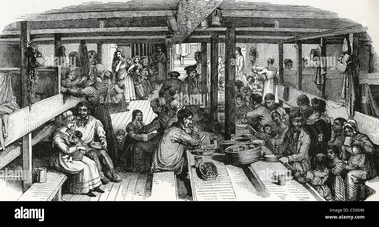 IMMIGRANTS TO AMERICA below decks during the voyage in the mid 1800s Stock Photo