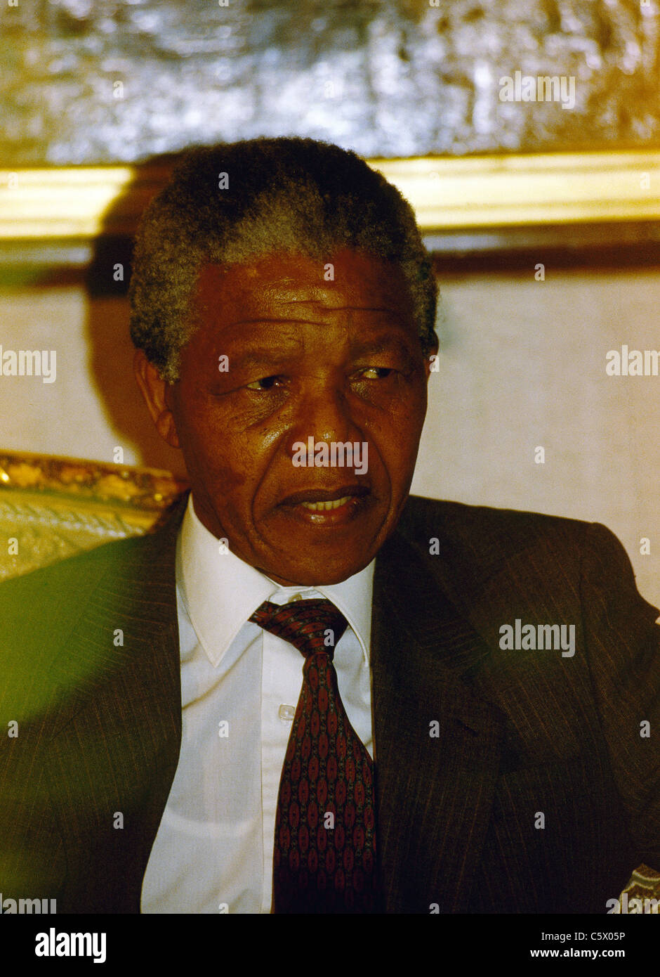 South African Nelson Mandela, recently freed from prison,  is greeted by Egyptian President Hosni Mubarak on a visit to Egypt. Stock Photo