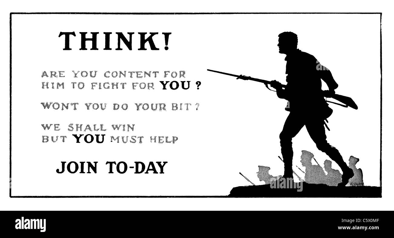 World War One Recruiting Poster - 'Think! Are you content for him to fight for YOU? Won't you do your bit? … Join to-day'. DEL62 Stock Photo