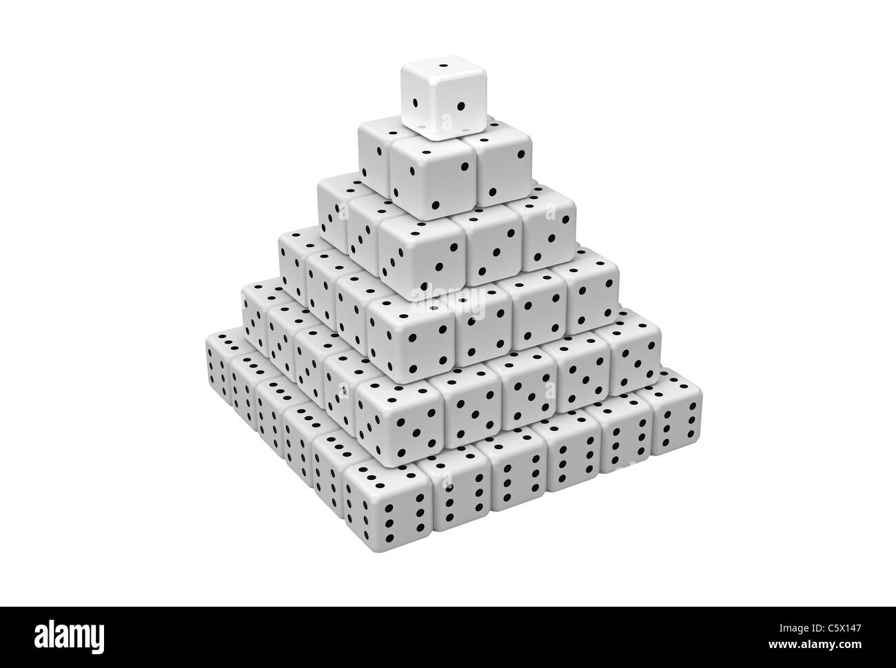 Pyramid made of dices isolated on white 3D render Stock Photo