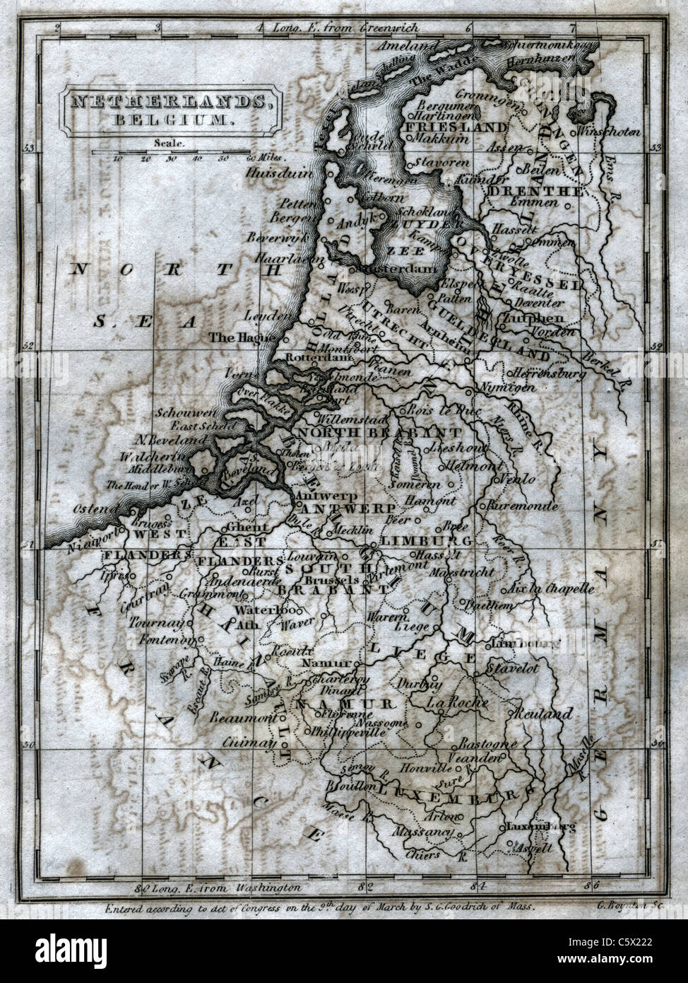 The Netherlands and Belgium- Antiquarian Black and White Map from "The Second Book of History" Stock Photo