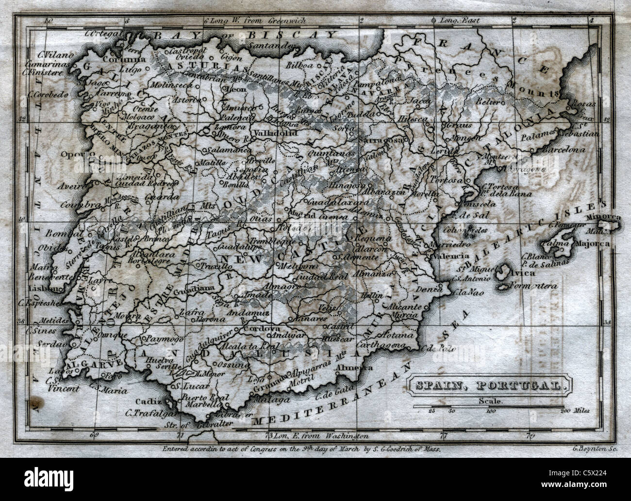 Spain and Portugal - Antiquarian Black and White Map from 'The Second Book of History' Stock Photo