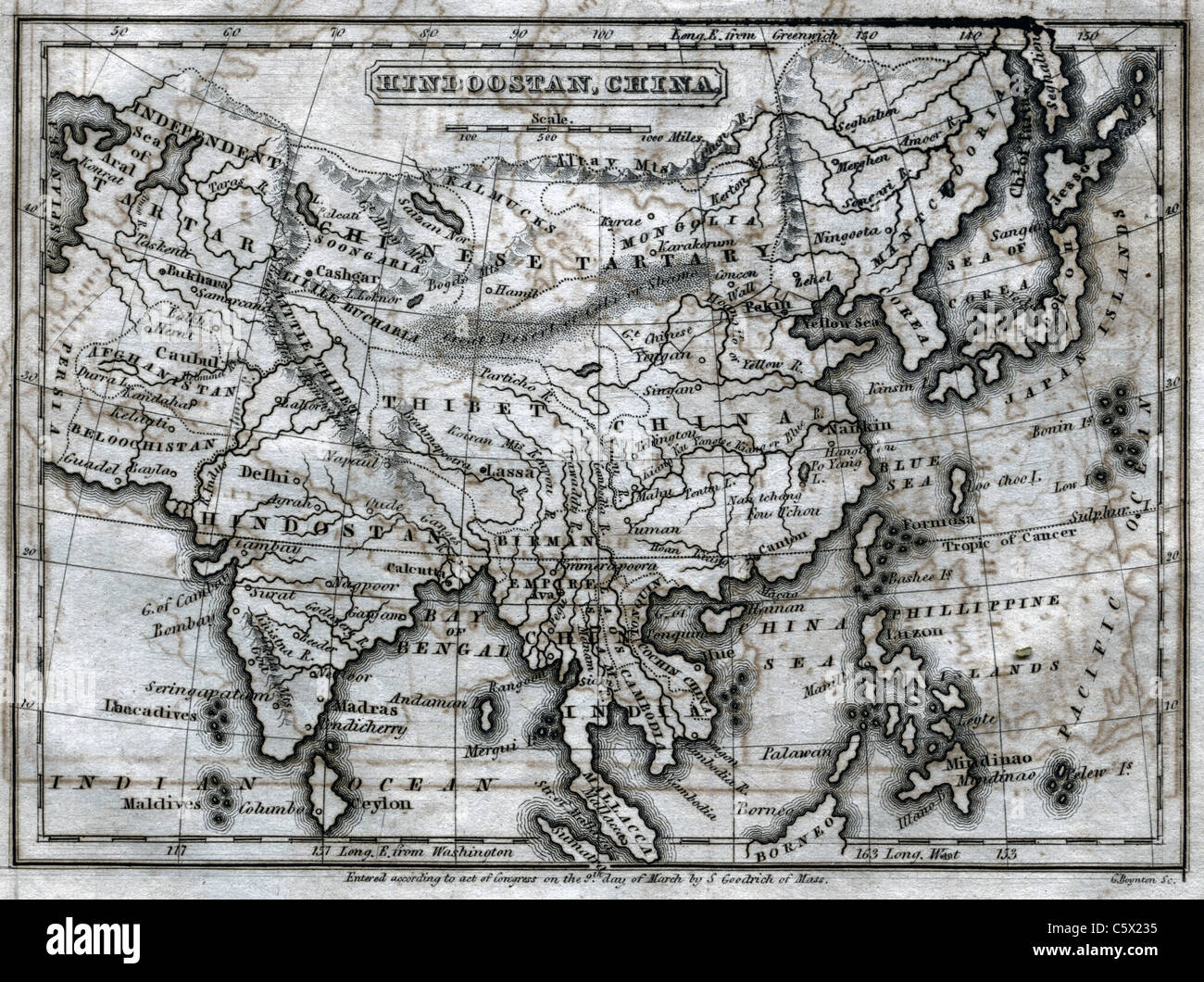 Hindoostan, China - Antiquarian Black and White Map from 'The Second Book of History' Stock Photo