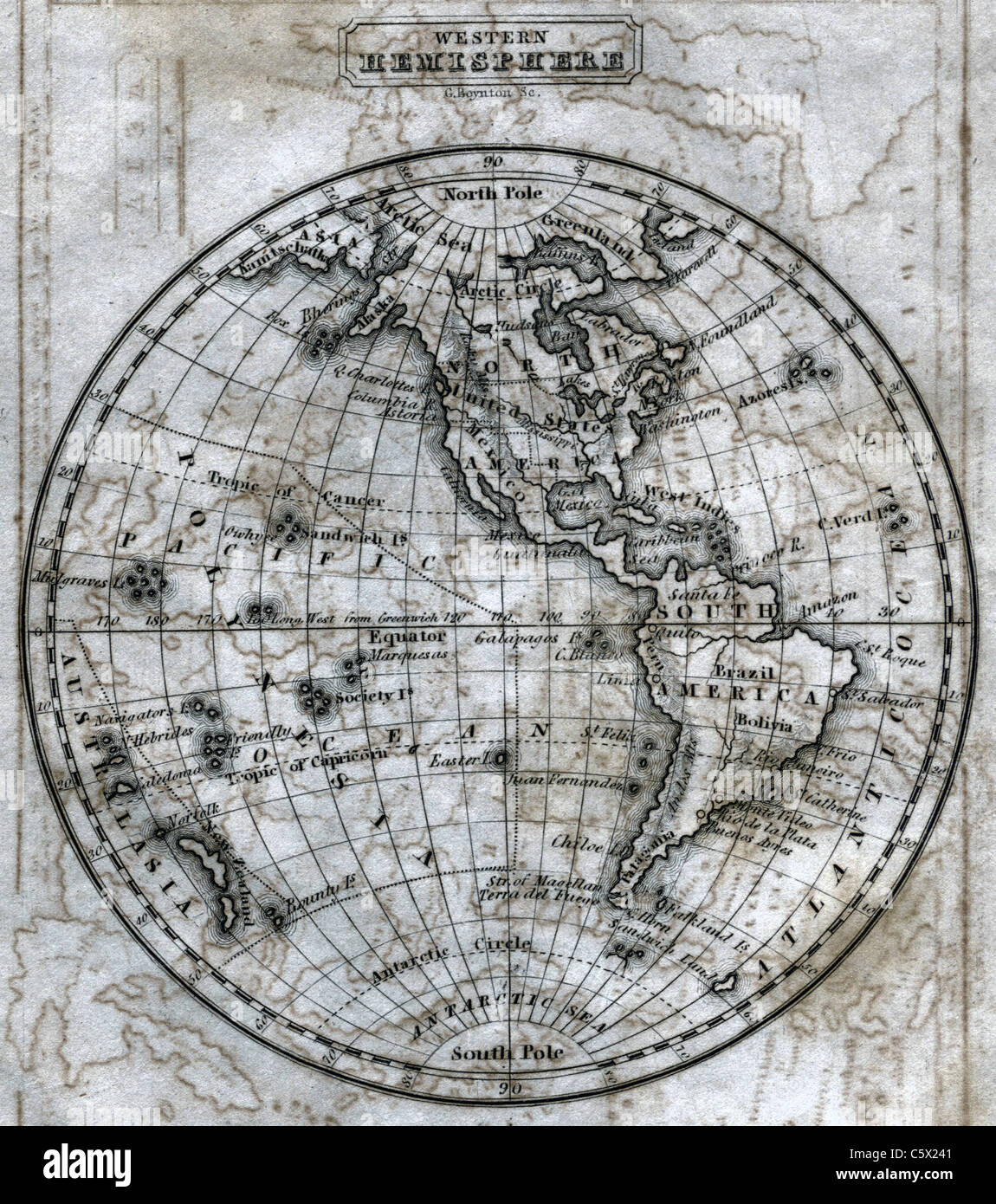 Western Hemisphere (close-up)  - Antiquarian Black and White Map from 'The Second Book of History' Stock Photo