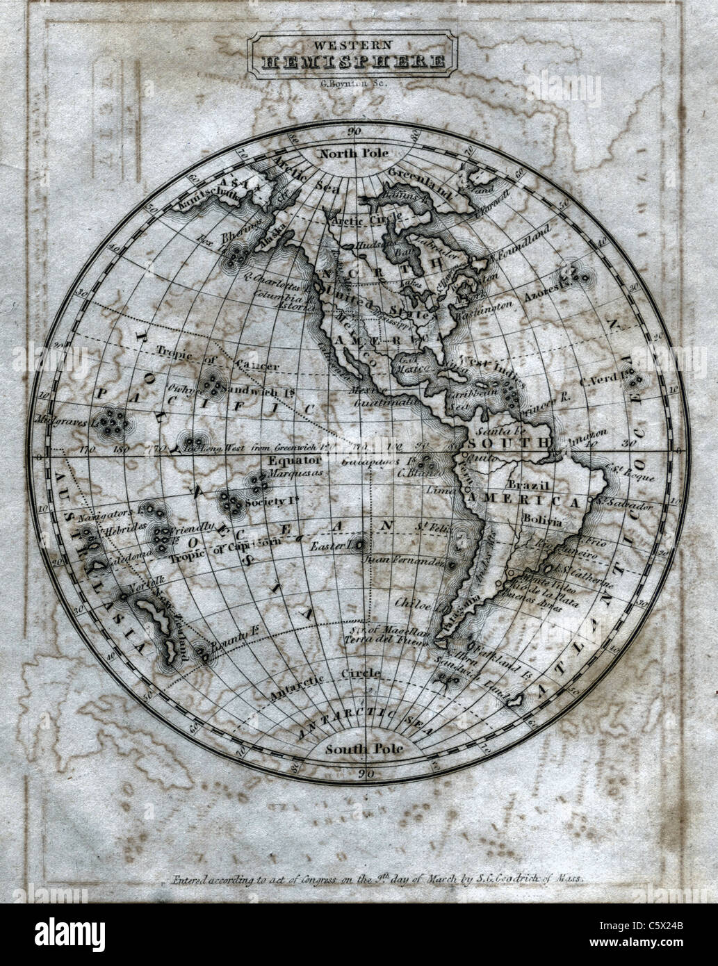 Western Hemisphere (full sheet) - Antiquarian Black and White Map from 'The Second Book of History' Stock Photo