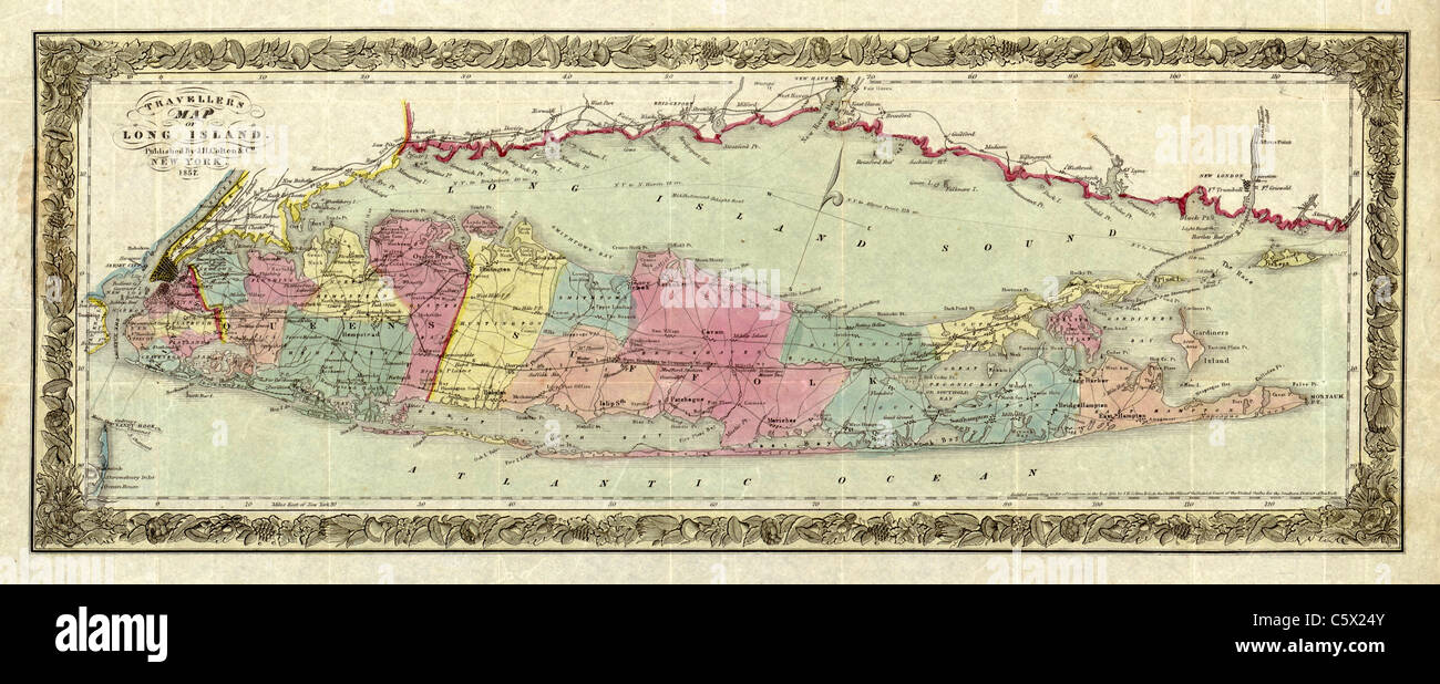 Travellers Map of Long Island (Travelers Map of Long Island) circa 1855 Stock Photo