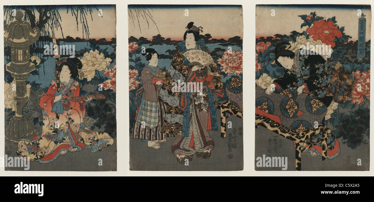 Enjoying a Garden of Peonies - Japanese Edo Ukiyo-e Triptych, circa 1850 Stock Photo