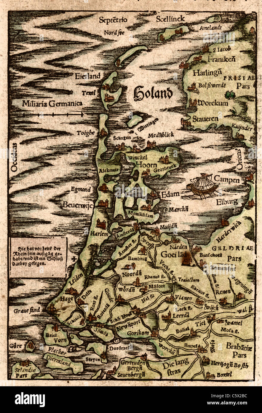 Holand (Holland) 1598 Munster-Petri Hand Colored Woodblock Map Print Stock Photo