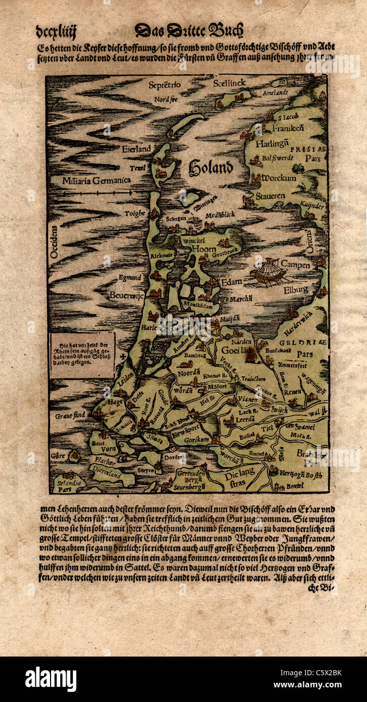 Holand (Holland) 1598 Munster-Petri Hand Colored Woodblock Map Print Stock Photo