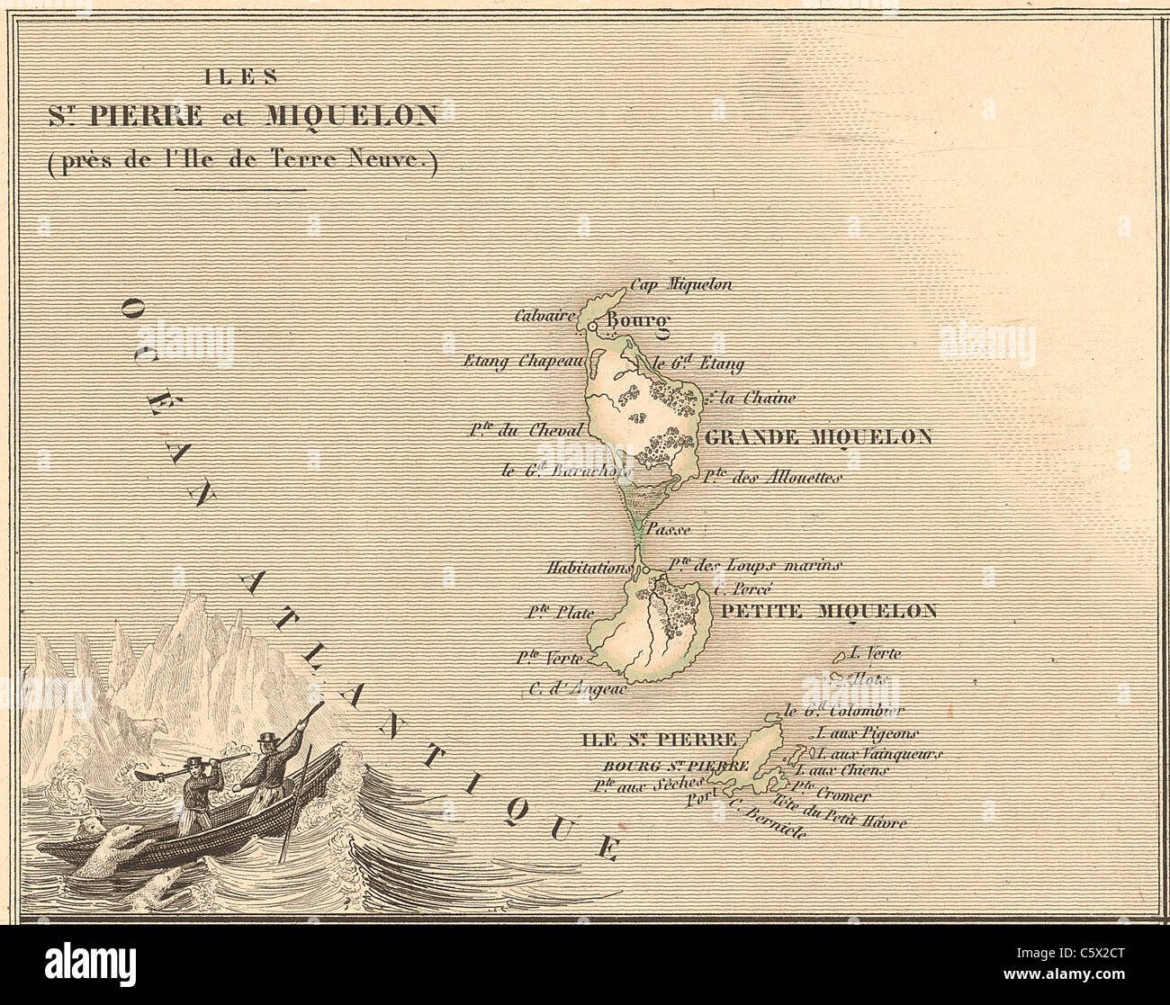 Iles St Pierre et Miquelon (Saint Pierre and Miquelon) - Antiquarian Map from an 1858 French Atlas 'France and its Colonies' by Alexandre Vuillemin Stock Photo