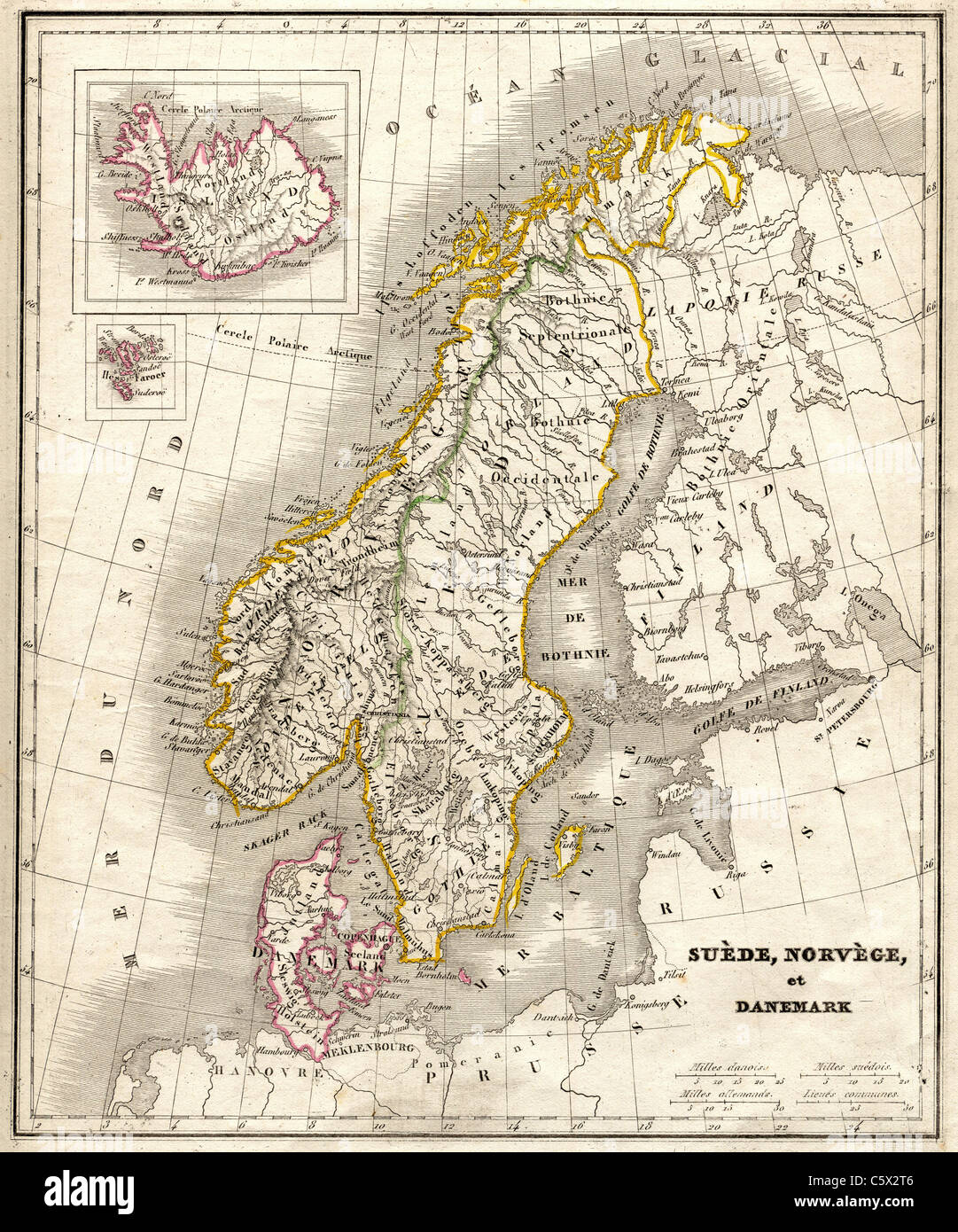 Suede, Norvege, et Danemark (Sweden, Norway, and Denmark)Antiquarian Map from 'Atlas Universel de Geographie Ancienne and Moderne' by C.V. Monin Stock Photo