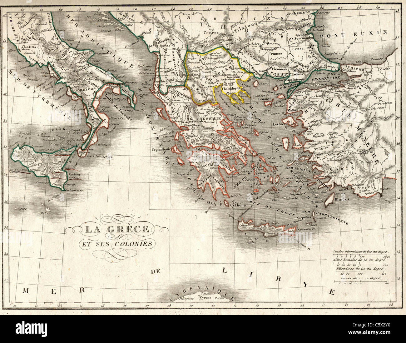 La Grece et ses Colonies (Greece and its Colonies) Antiquarian Map from 'Atlas Universel de Geographie Ancienne and Moderne' by C. V. Monin Stock Photo