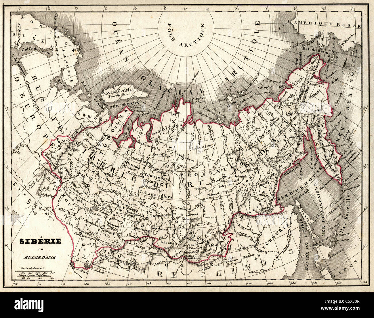 Siberie ou Russe D'Asie (Siberia, Russia in Asia) Antiquarian Map from 'Atlas Universel de Geographie Ancienne and Moderne' by C. V. Monin Stock Photo