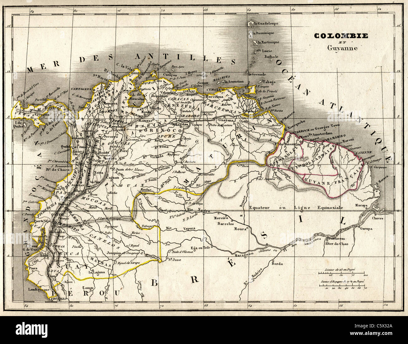 Colombie et Guyanne (Colombia and Guyana) Antiquarian Map from 'Atlas Universel de Geographie Ancienne and Moderne' by cartographer C. V. Monin Stock Photo