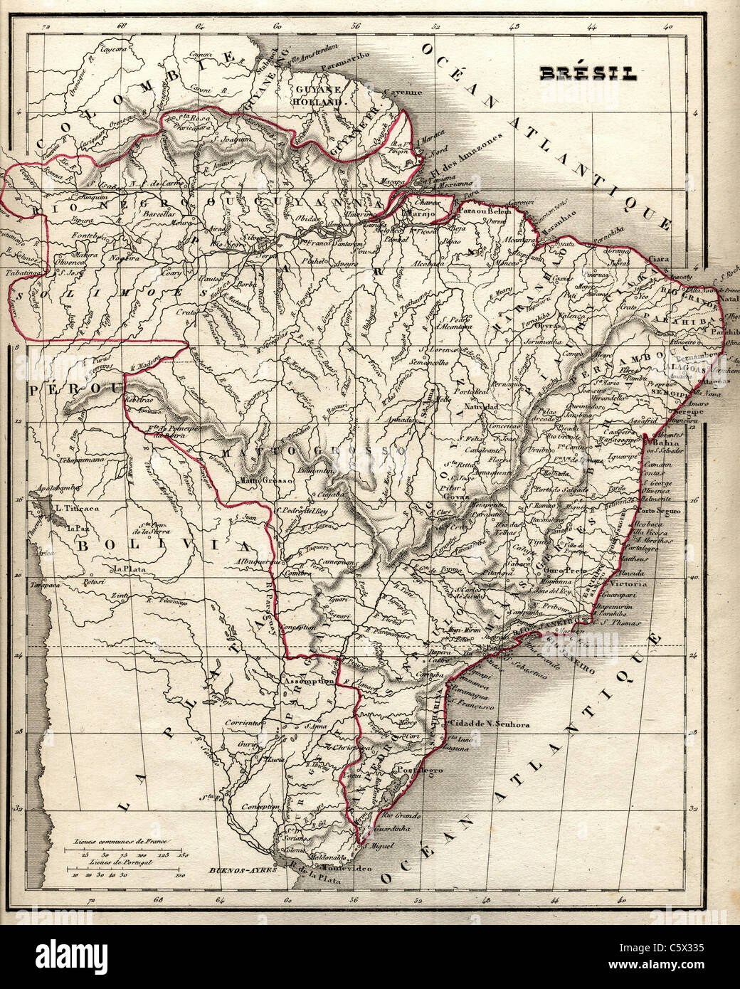 Bresil (Brazil) Antiquarian Map from 'Atlas Universel de Geographie Ancienne and Moderne' by cartographer C. V. Monin Stock Photo