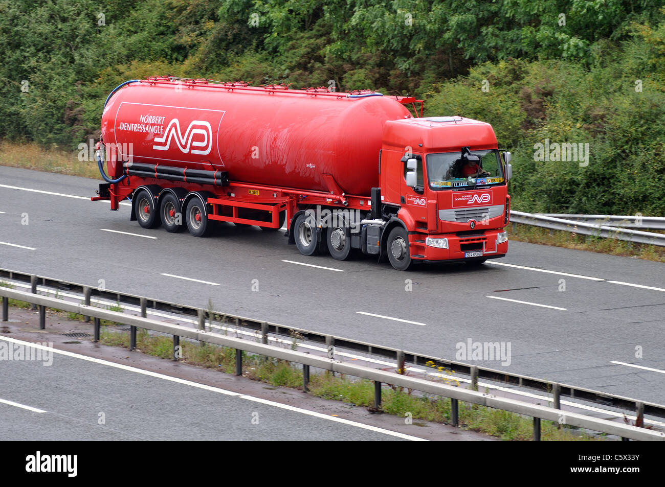 Norbert Dentressangle tanker on M40 motorway, Warwickshire, UK Stock Photo