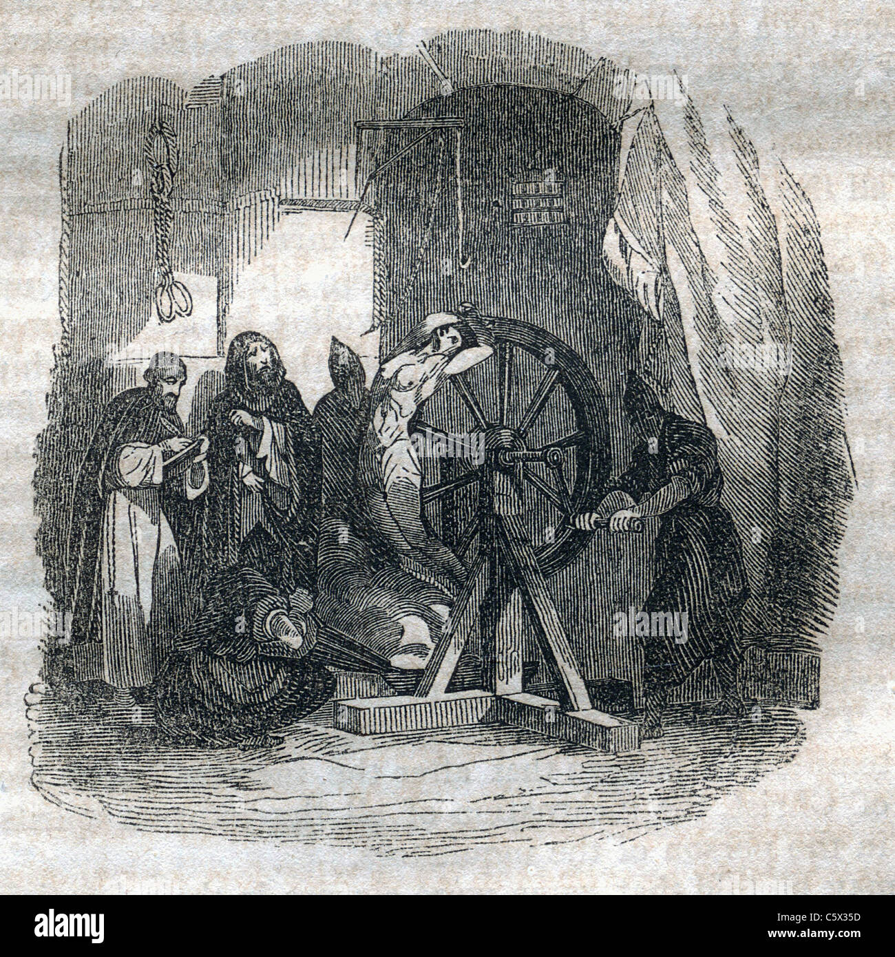 Breaking on the Wheel: Woodcut image from antiquarian book, Mysteries of the Inquisition, 1845 Stock Photo