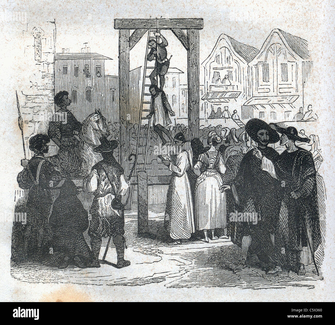 Hanging: Woodcut image from antiquarian book, Mysteries of the Inquisition, 1845 Stock Photo
