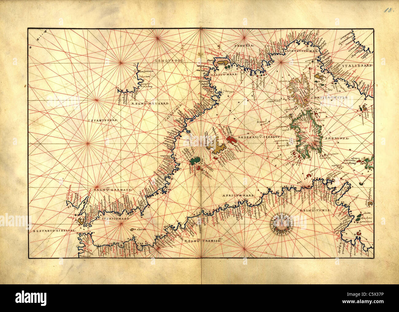 Western Mediterranean - Antiquarian Map or Portolan Chart from 16th Century Portolan Atlas Stock Photo