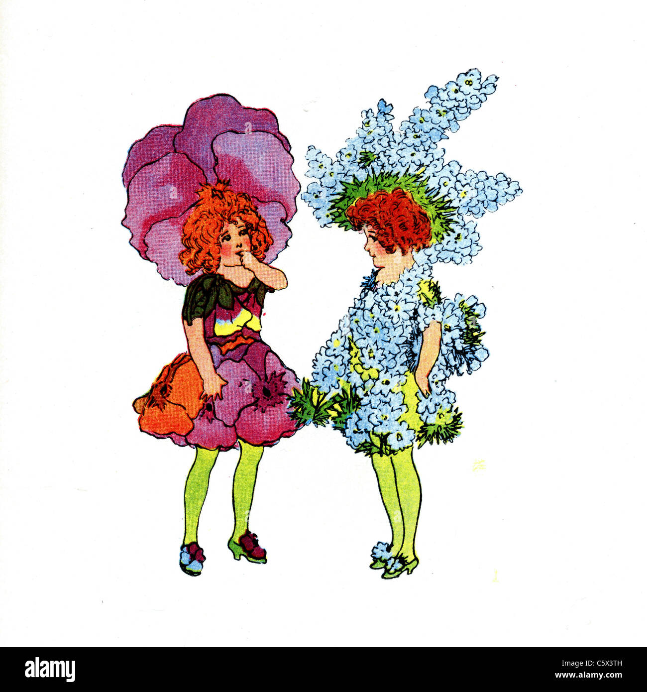 Pansy and Larkspur - Flower Child Illustration from an antiquarian book Stock Photo