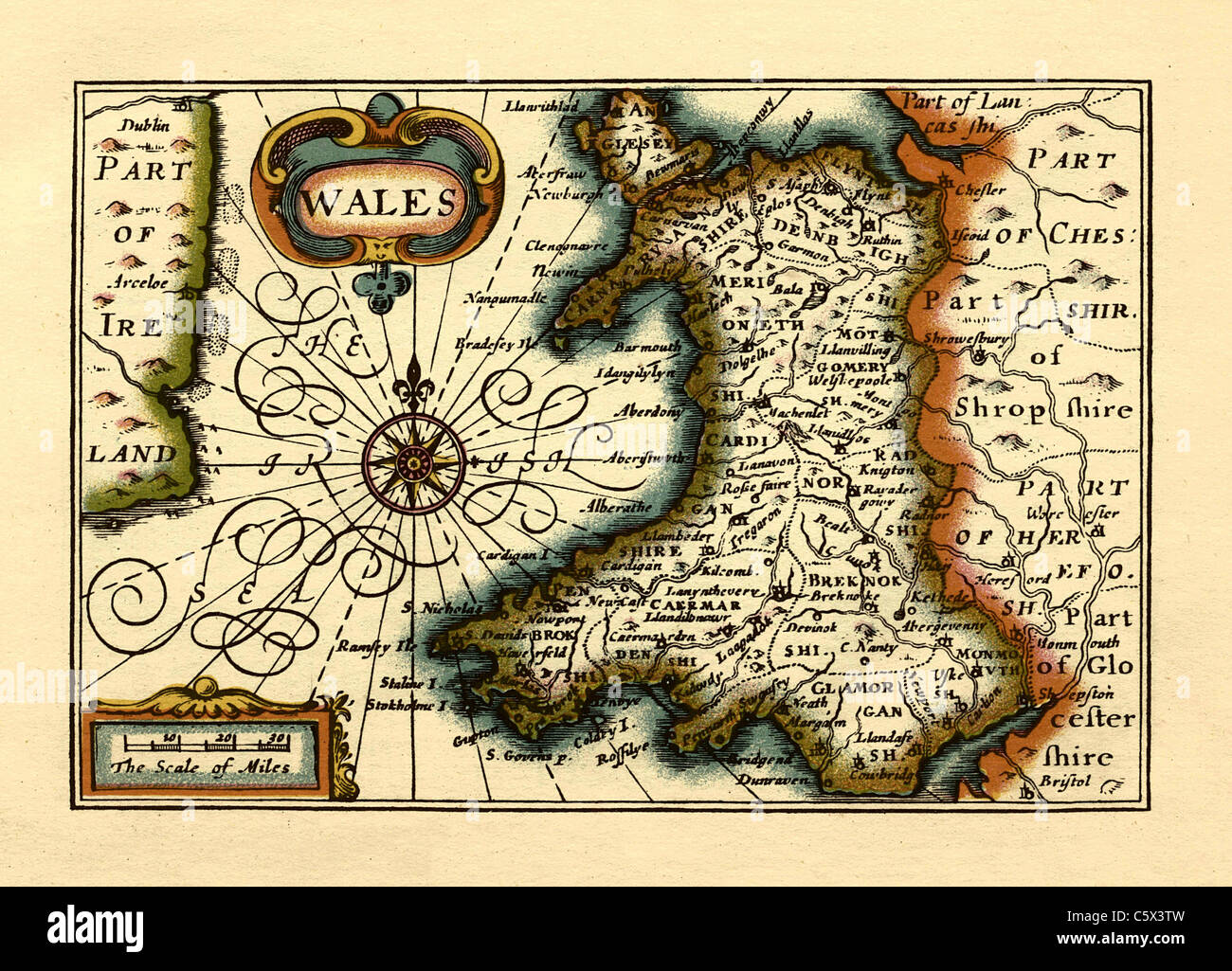 Wales - Old English County Map by John Speed, circa 1625 Stock Photo
